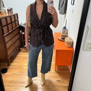 Y2K Striped Sleeveless Blazer with Belt chocolate brown pin striped size M